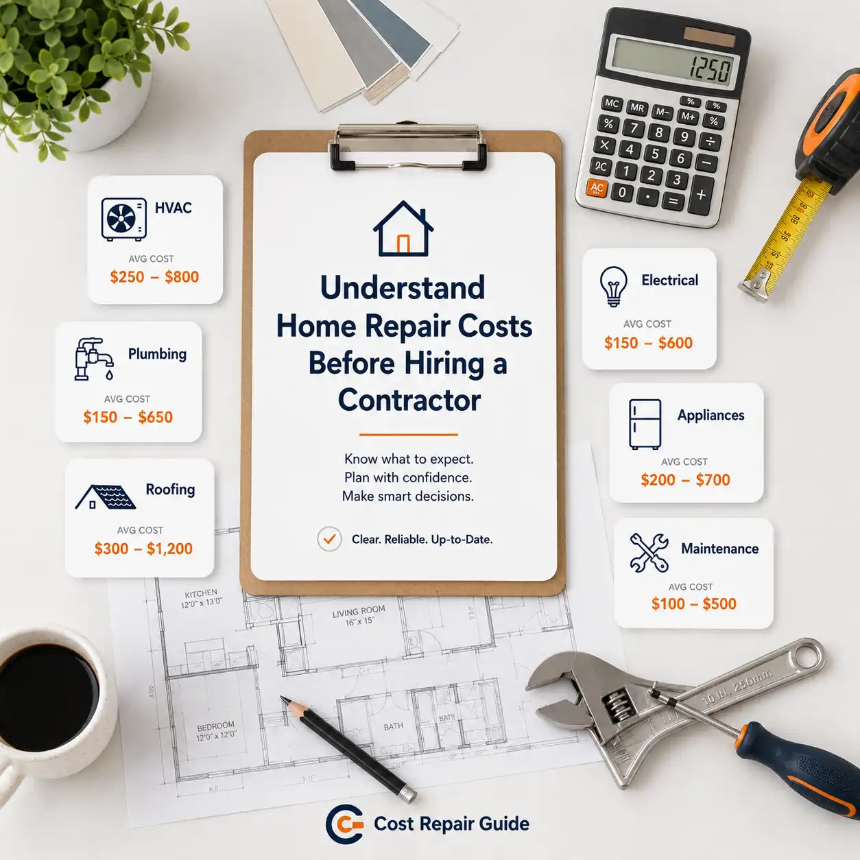Home repair cost guide showing HVAC plumbing roofing electrical cost categories with calculator and tools