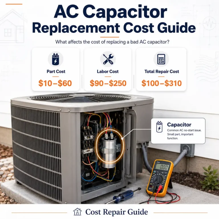 AC capacitor replacement cost guide showing air conditioner unit and electrical capacitor repair concept