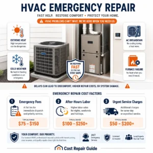 Emergency HVAC repair cost showing heatwave breakdown urgent service and after hours repair charges