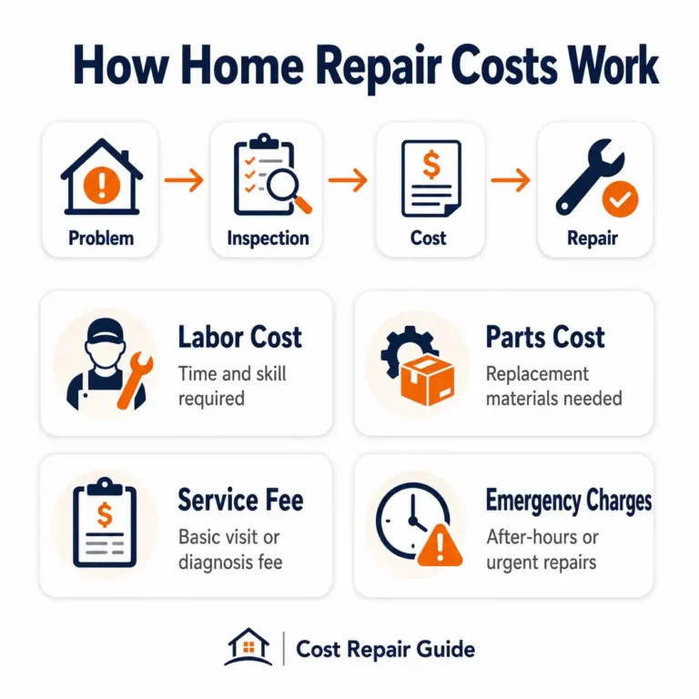 Home repair cost breakdown showing labor parts service fee and emergency charges in simple infographic