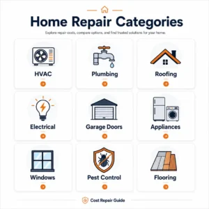 Home repair cost categories including HVAC plumbing roofing electrical and appliance repair guides