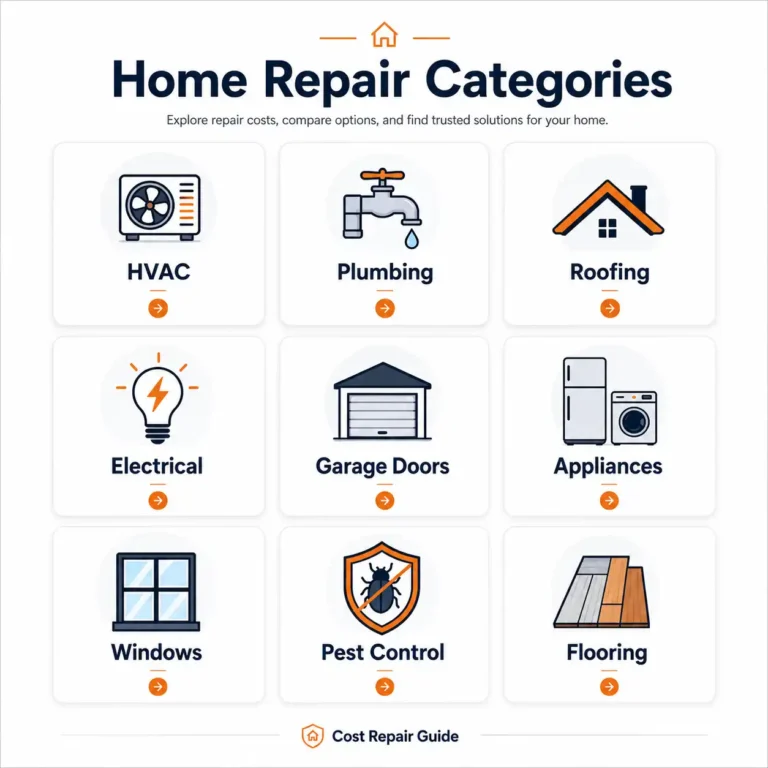 Home repair cost categories including HVAC plumbing roofing electrical and appliance repair guides