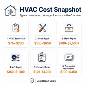 HVAC cost snapshot showing service call labor parts and emergency repair cost ranges