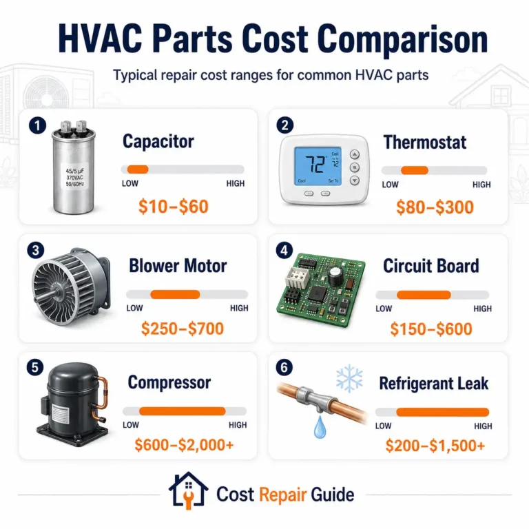 HVAC parts cost breakdown showing capacitor thermostat blower motor compressor and refrigerant leak prices