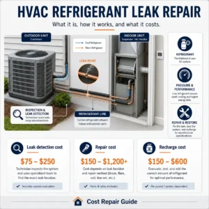 HVAC refrigerant leak repair showing leak detection gas pressure testing and repair cost breakdown
