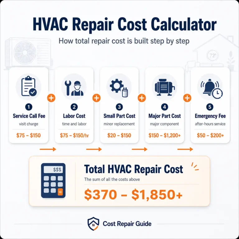 HVAC cost calculator showing service call labor parts and emergency charges in simple breakdown
