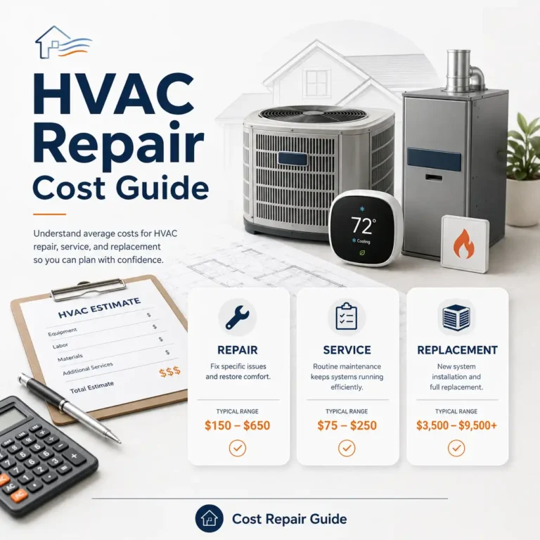 HVAC repair cost guide showing heating cooling system with cost breakdown cards and technician tools