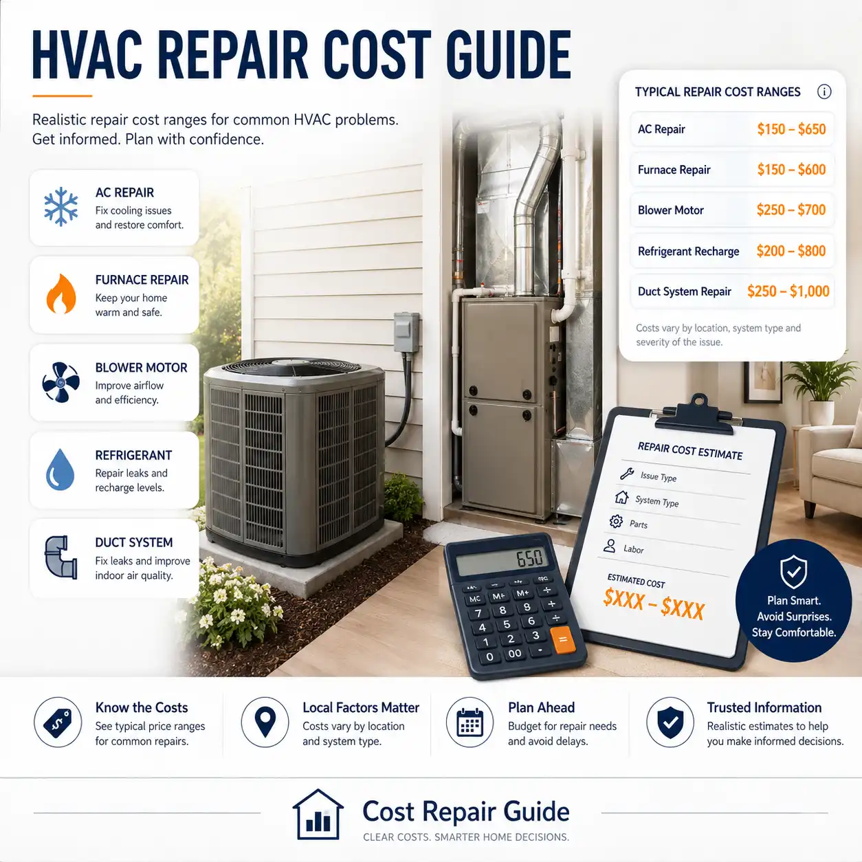 HVAC repair cost guide showing heating and cooling system with cost cards and technician tools