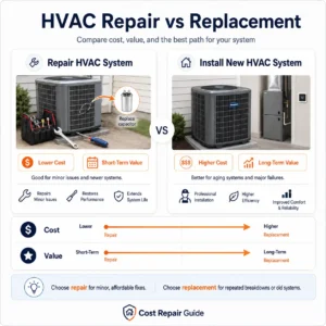 HVAC repair vs installation comparison showing cost difference between fixing system and full replacement