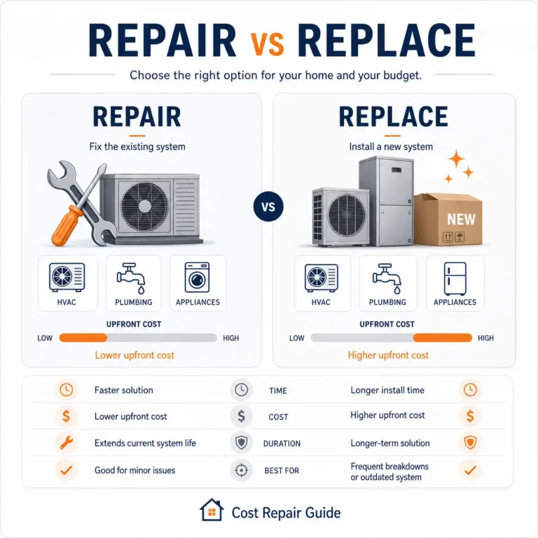 Repair vs replacement comparison for home systems showing cost differences and decision guide