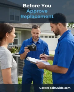 Homeowner reviewing AC compressor replacement estimate with HVAC technician