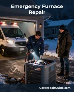 Emergency HVAC technician repairing furnace at night
