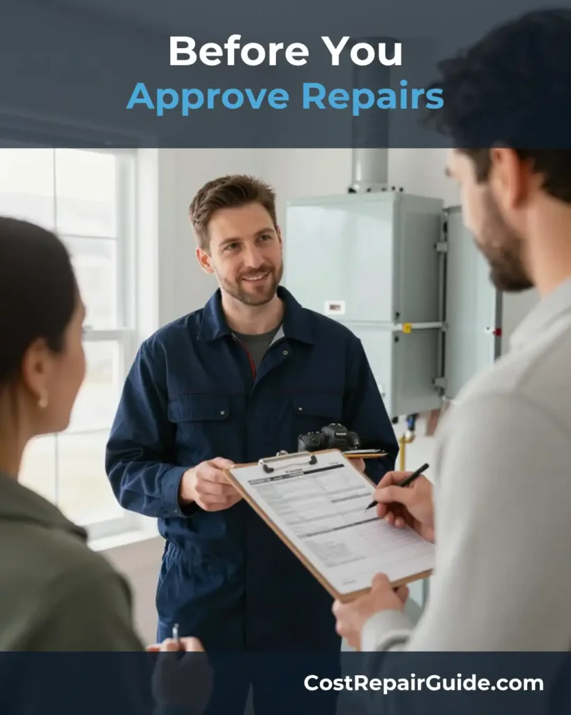 Homeowner reviewing furnace repair estimate with HVAC technician