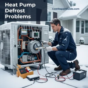 Frozen outdoor heat pump during winter with technician inspection
