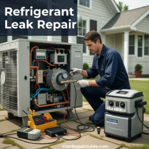 Technician repairing a refrigerant leak in a residential heat pump