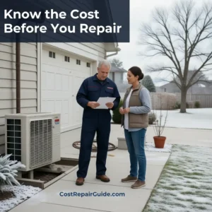 Homeowner reviewing heat pump repair estimate with HVAC technician