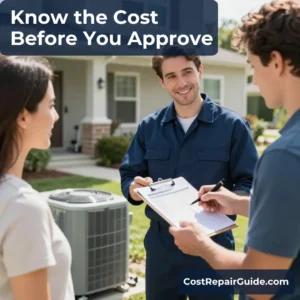 AC Capacitor Replacement Cost 5 Homeowner reviewing AC capacitor replacement estimate with HVAC technician