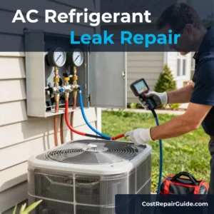 Technician repairing refrigerant leak in a residential air conditioner