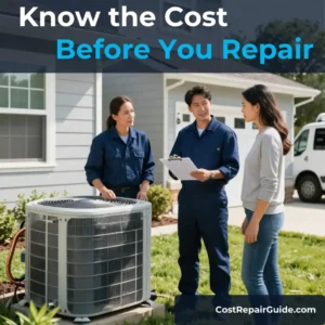 Homeowner reviewing AC repair estimate with HVAC technician