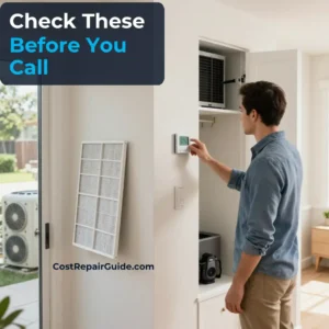 Homeowner checking thermostat and HVAC system before calling a technician