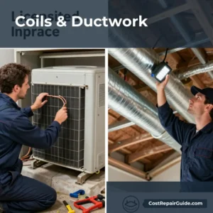 HVAC technician replacing evaporator coil and inspecting ductwork