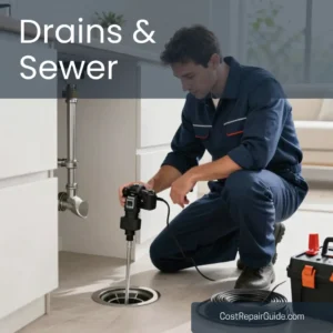 Plumber clearing clogged drain and inspecting sewer line