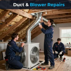 HVAC technician repairing ductwork and blower motor