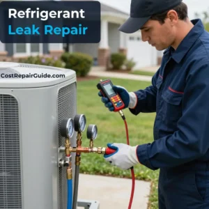 Technician repairing refrigerant leak in residential HVAC system