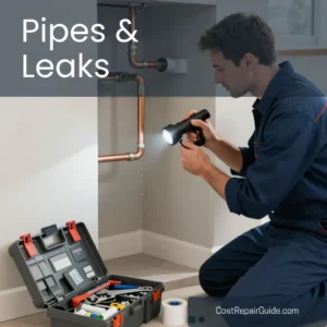 Plumber inspecting leaking residential water pipe