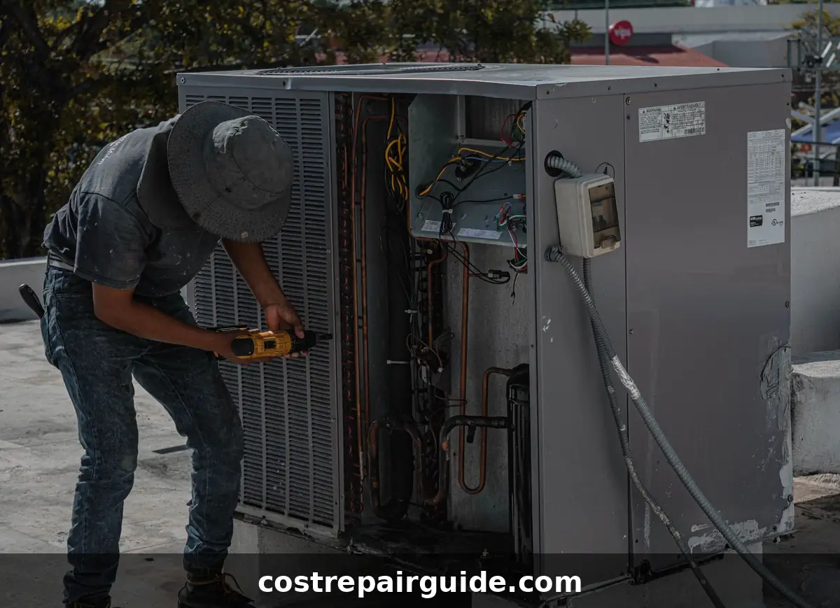 Technician working on rooftop HVAC unit