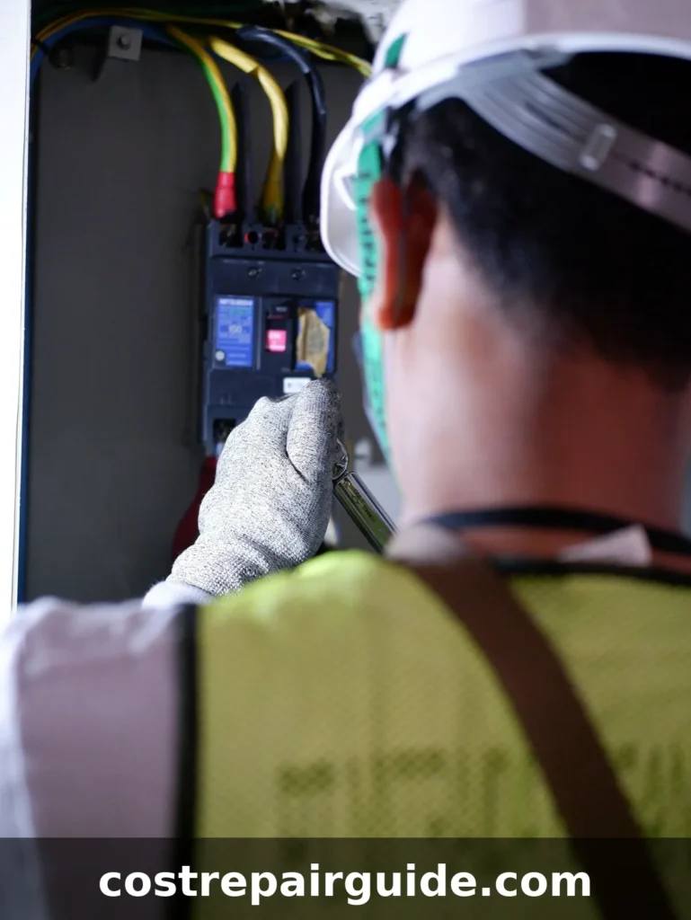 Electrician working safely on a circuit breaker box