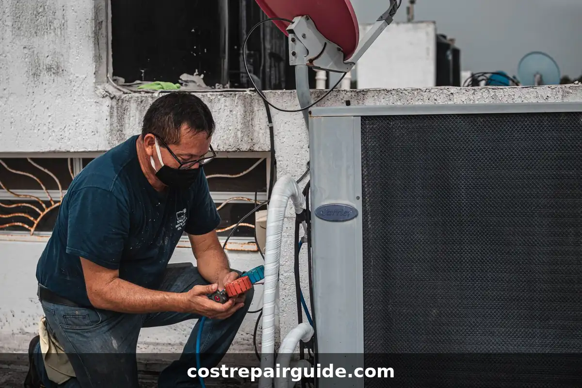 Technician working inside condenser unit