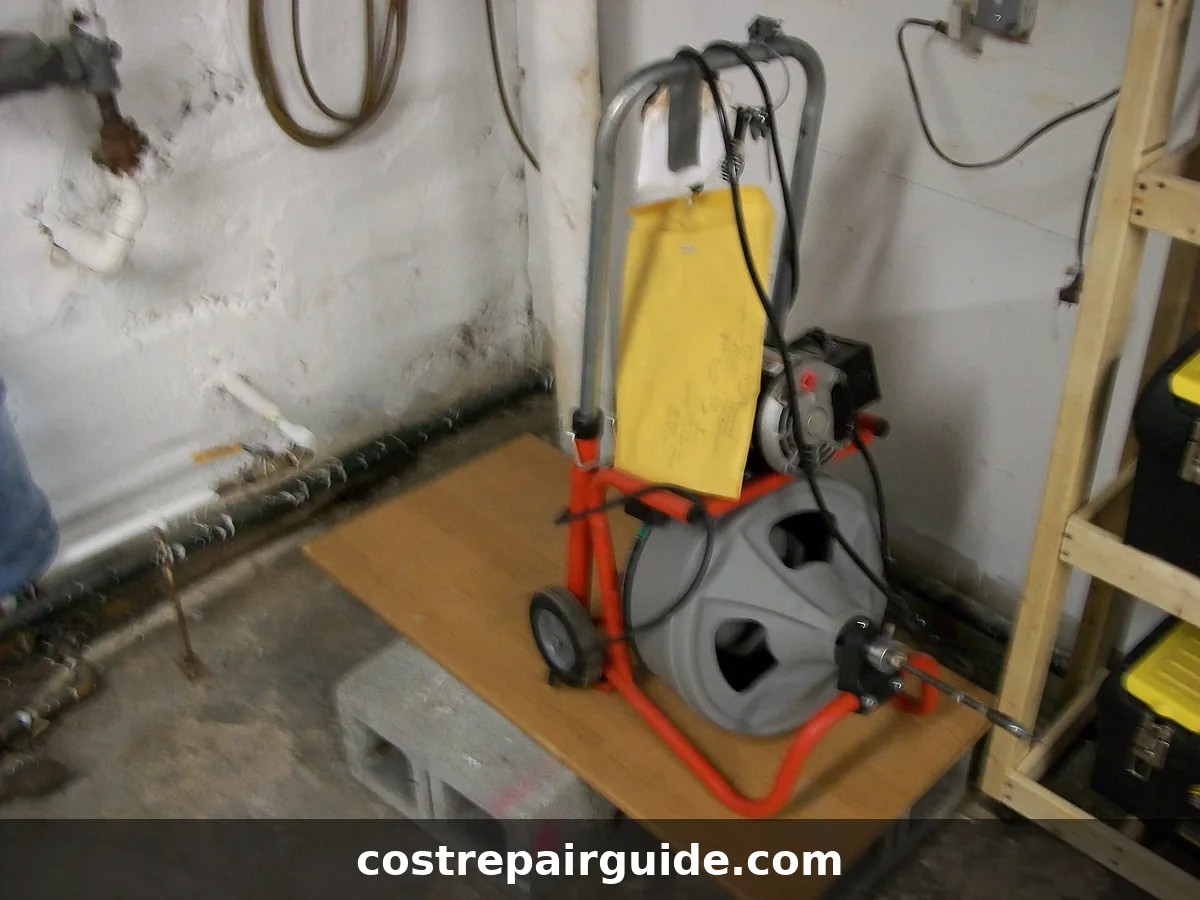 Drain cleaning cost guide showing residential plumbing drain clog removal with plumber tools and cost breakdown