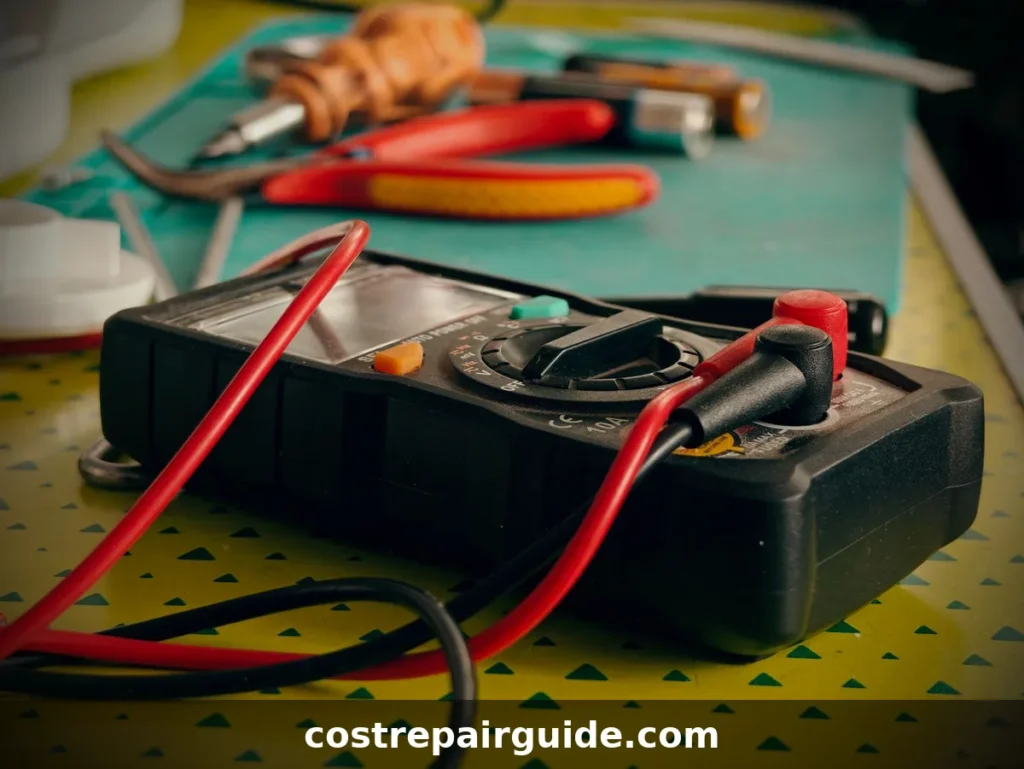 Close-up of a multimeter and electrician tools