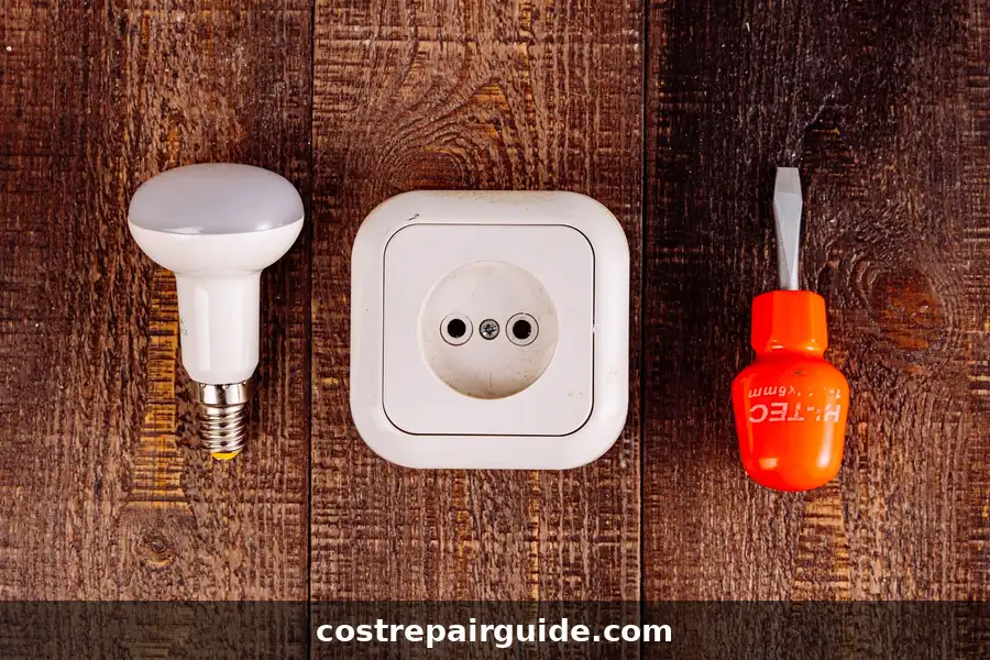 Light bulb, socket and screwdriver on a wooden surface