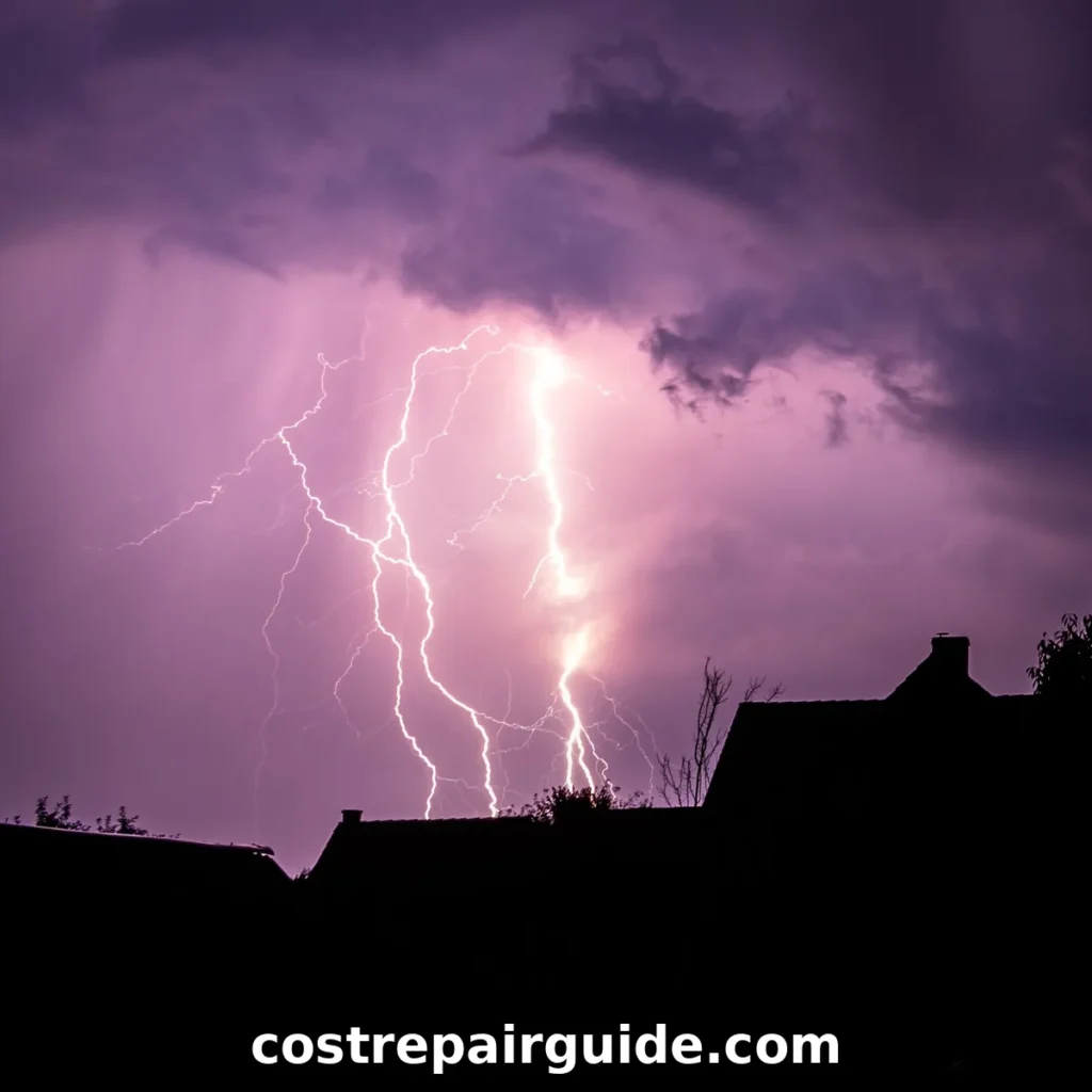 Powerful lightning over silhouetted houses in a storm