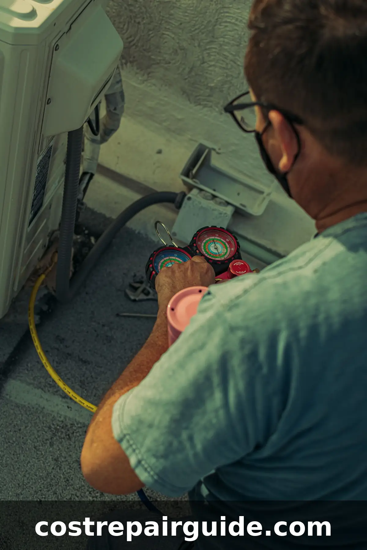 Technician repairing outdoor AC unit