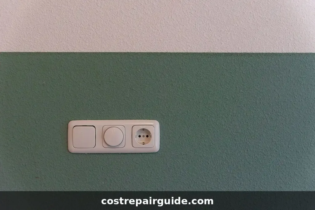 Close-up of a power outlet and switch on a green wall