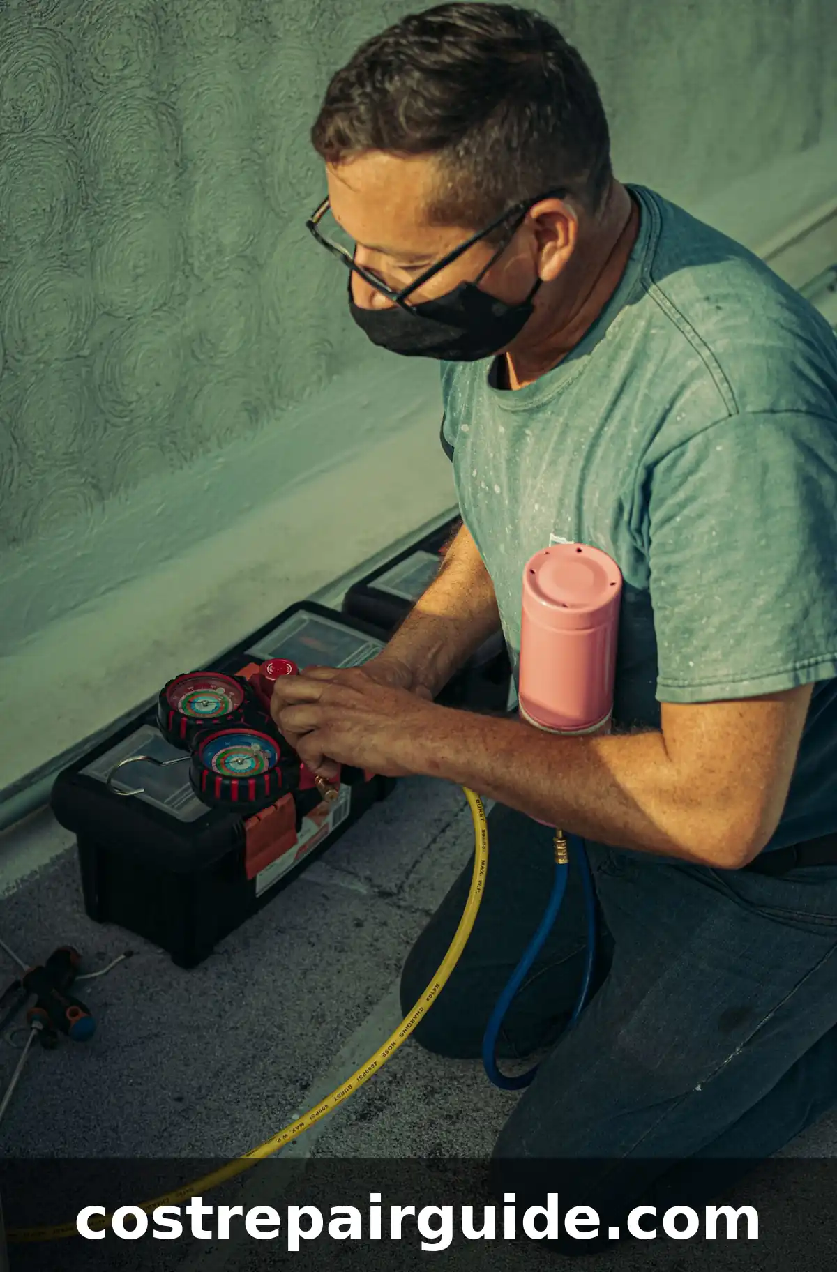 Technician repairing a refrigerant leak in a residential heat pump