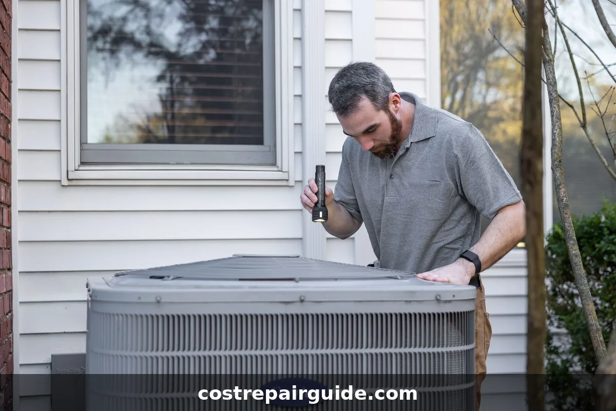 Technician inspecting condenser
