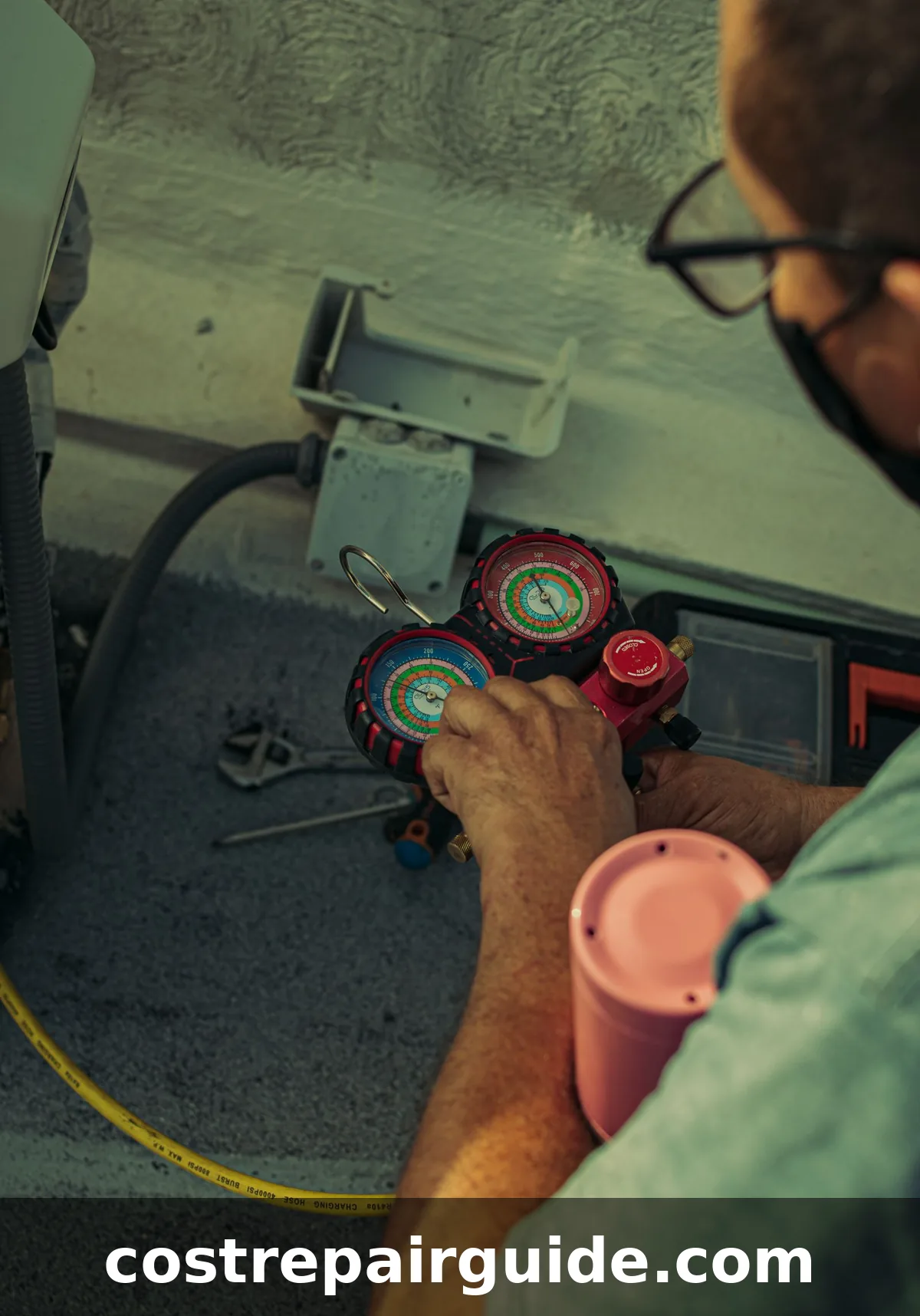 Technician repairing refrigerant leak in residential HVAC system