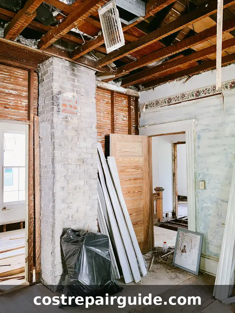 Exposed beams and brickwork in a house being rewired