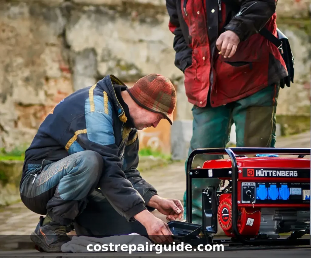 Two technicians servicing a power generator outdoors