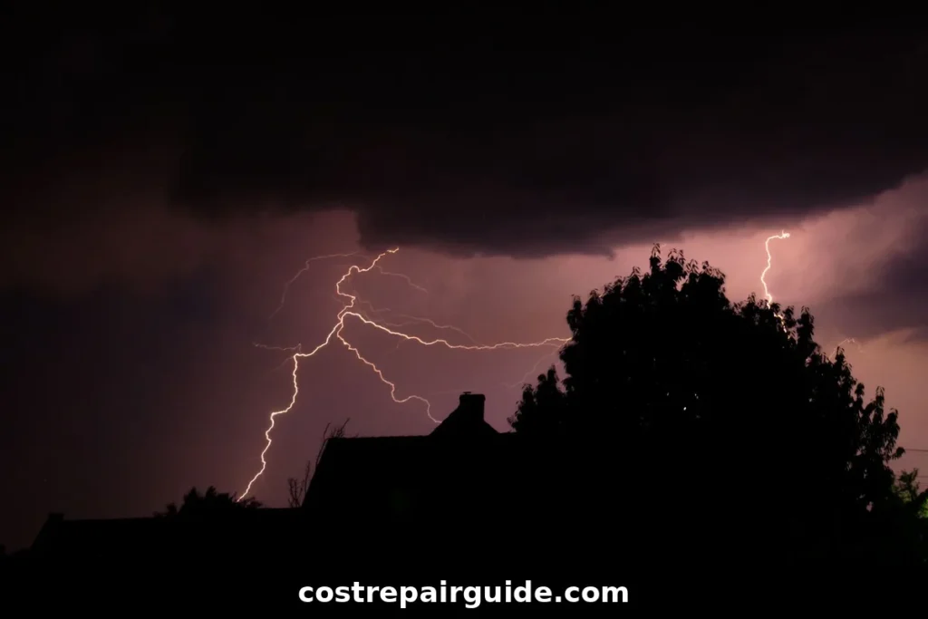 Whole House Surge Protector Cost: 2026 Install Prices 1 Lightning illuminating the night sky over houses